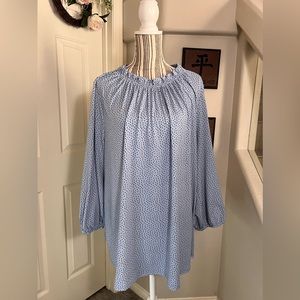 Adrianna Papell $79 Plus 3X Blue Polka Dot Ruffle Neck 3/4 Sleeve Tunic Blouse